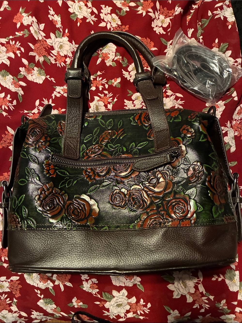 Floral Embossed Leather Satchel - Brown & Green